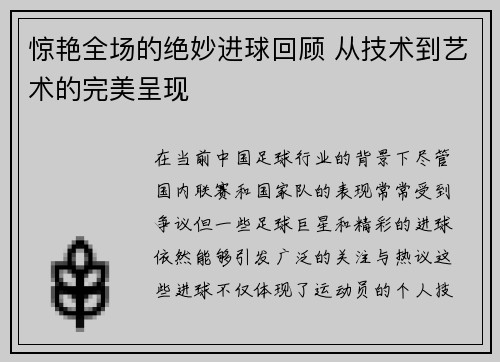 惊艳全场的绝妙进球回顾 从技术到艺术的完美呈现